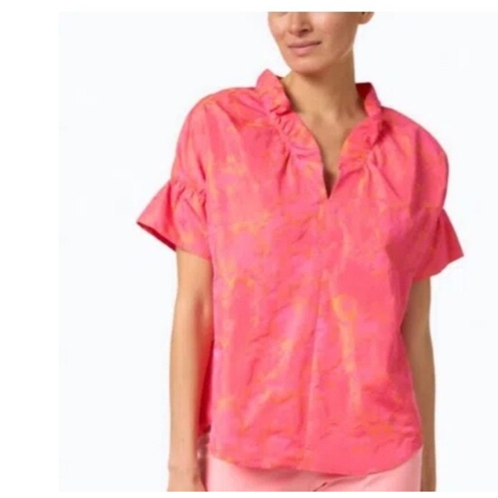 Finley Crosby Top Neon Rose Jaquard Floral Ruffle V-Neck Relaxed Sz M